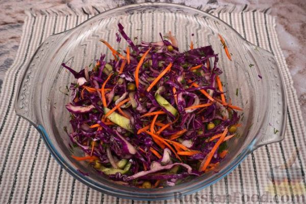Салат из краснокочанной капусты с огурцом, морковью и горошком